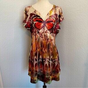 Embroidered Butterfly Tunic Top Purple Sweetheart Neck S Sleeve Lightweight SZ M